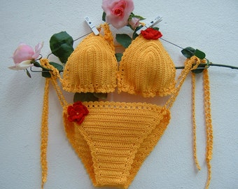 Blue cotton crochet bikini-yellow two-piece triangle- Slip and top with laces-moda mare boho-Crochet hippy chic