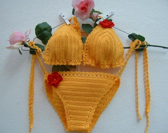 Blue cotton crochet bikini-yellow two-piece triangle- Slip and top with laces-moda mare boho-Crochet hippy chic