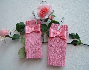 Half gloves in pure pink wool with bows - Hand knitted sleeves - Knitted fingerless gloves - Wool wrist warmers