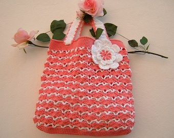 Crochet bag-Pink and white cotton bag-Perforated bag for summer-Women's bag-Boho chic style