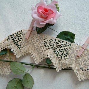May include: Cream-coloured, crocheted lace trim with a scalloped edge is held by two pink clothes pegs. A pink rose and green leaves are arranged with the lace against a white background. The lace has an open, geometric design.