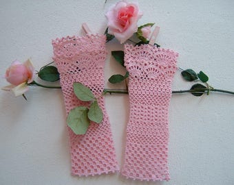 Pink Cotton Arm Warmers-Romantic Crochet Lace Cuffs-Bridal & Bridesmaid Gloves-Fingerless Gloves-Wedding Cuffs