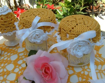 Crochet Jar Covers-Pair of Yellow and White Cotton Vase Covers-Two-Tone Kitchen Set-Romantic Home Decorations