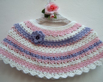 Hand-worked crochet-Cape wool shoulder cover in pure merino wool-Shoulder cover with flower in white, pink and lilac