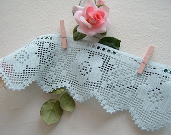 Filet lace border with flowers-Crochet lace in light blue color-Romantic border for café curtain-cm.45xcm.15