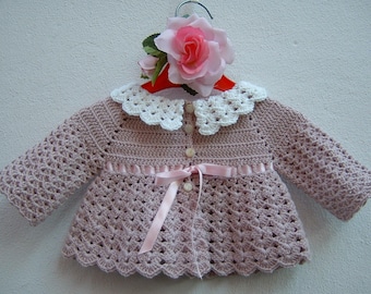 Crochet baby girl sweater - Pink and white merino wool mini cardigan for babies - Woolen jacket for girls - Size 0 months birth