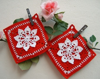 Crochet Potholders - Pair of Red and White Cotton Potholders - Two Crochet Christmas Potholders - Kitchen Set - Christmas Gifts