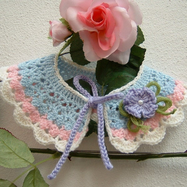 Crochet col fille-Col en pure laine mérinos aux couleurs bleu, rose et ivoire-Col rétro chic