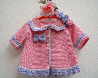 Crochet sweater and headband-Pink, lilac and white merino wool mini cardigan-Wool jacket for girls-Size 0-3 months