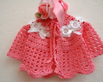 Crochet baby sweater. Pink cotton with white Irish roses. Newborn crochet. Spring-summer girls' fashion. Romantic style