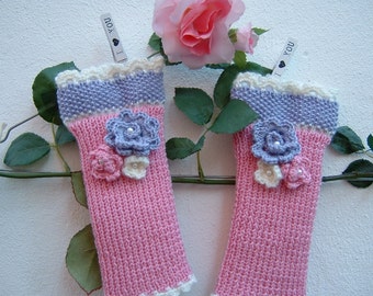 Knitted toe-Half knitted handmade gloves-Sleeves in pink, lilac and white wool-Tricot wrist warmers-Women's gloves