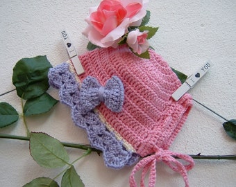 Crochet baby hat - Pink, lilac and white pure merino wool hat - Hat with applied bow - Size 0-3 months