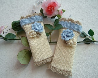 Ivory, light blue and beige wool sleeves - Knitted half gloves with applied flowers - Knitted fingerless gloves - Knitted wrist warmers