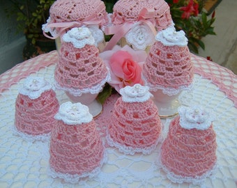 Crochet Egg Cover-Set of Six Pink and White Cotton Egg Warmers-Handmade Home Lace