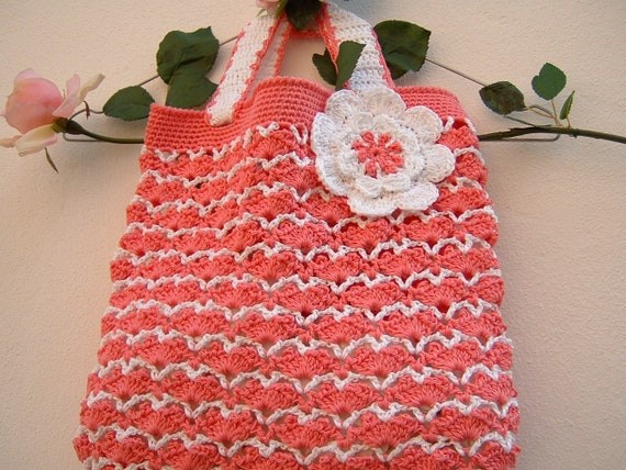 Crochet Bag pink and White Cotton Bag perforated Bag for Summer