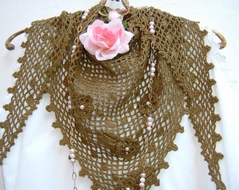 Crochet lace scarf - Olive green cotton shoulder wrap - Triangle scarf with applied flowers and leaves