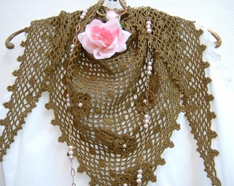 Crochet lace scarf - Olive green cotton shoulder wrap - Triangle scarf with applied flowers and leaves