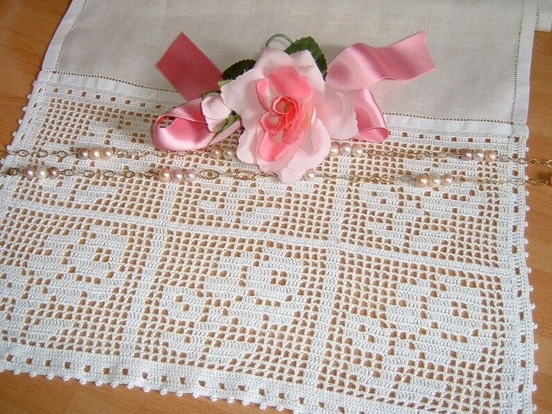 Lace for curtain with roses Hand-made lace crochet with filet technique White cotton Crochet shabby chic Custom.