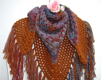 Crochet wool shawl - Granny style multicolored and rust brown yarn shawl - Triangular shawl with fringes