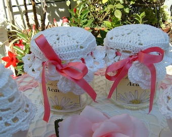 Crochet jar covers-Couple of white cotton jar covers-Romantic decorations for the kitchen