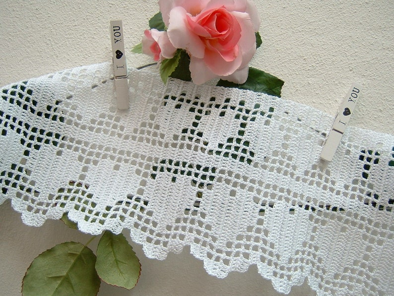 Crochet lace border with filet work-Lace with two rows of hearts-Border for curtain-cm.50xcm.15-On reservation image 3