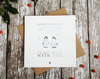 Silver Foil Penguin Snow In Love Christmas Card