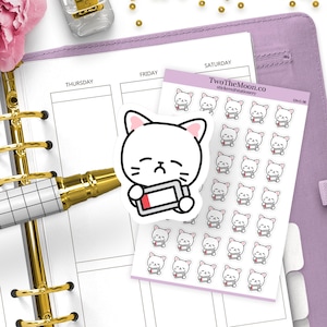 Adesivos para o dia de cansaço com bateria fraca da Cutie Cat / Adesivos para agenda funcional Icon / Bullet Journal, Filofax, Erin Condren, Agenda feliz