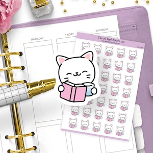 Adesivi "Cutie Cat Reading and Drinking Water" / Adesivi per planner funzionale Icon / Bullet Journal, Filofax, Erin Condren, Happy Planner