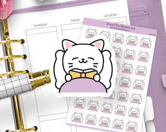 Cutie Cat Reading in Bed Cozy Night Stickers / Icon Functional Planner stickers / Bullet Journal, Filofax, Erin Condren,Happy Planner