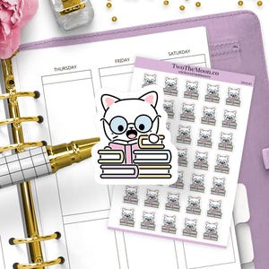 Pegatinas de gato adorable con pila de libros leyendo y estudiando / Pegatinas funcionales para planificadores / Bullet Journal, Filofax, Erin Condren, Happy Planner