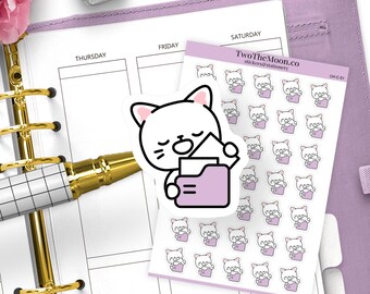Cutie Cat archivering papierwerk plannerstickers, functionele kantoorwerkpictogrammen, beheertaken, dagboeklabels
