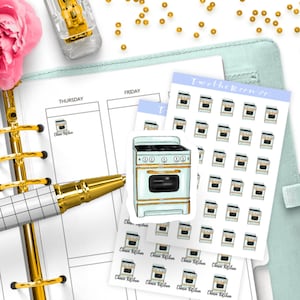 May include: A sheet of stickers featuring a vintage-style turquoise blue oven with gold accents. The sheet includes a large sticker of the oven and 36 smaller stickers of the oven. The text "Twelve Moon Co." is printed on the sheet.
