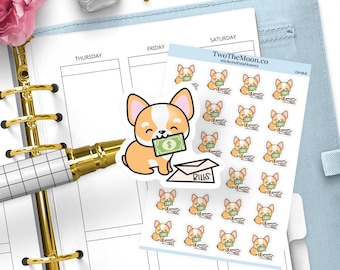Winston Corgi Bills Stickers | Cute Icon Functional Planner Stickers for Bullet Journal, Erin Condren, Happy Planner, Hobonichi