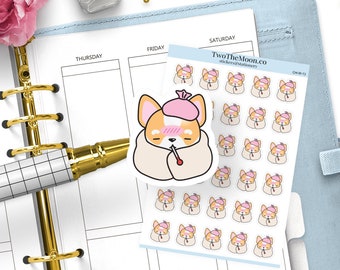 Winston Corgi Sick Stickers | Cute Icon Functional Planner Stickers for Bullet Journal, Erin Condren, Happy Planner, Hobonichi