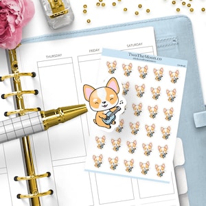 Winston the Corgi-gitaarstickers – muziekoefening, creatieve tijd, hobby | Pictogrammen voor Bullet Journal, Erin Condren, Happy Planner, Hobonichi