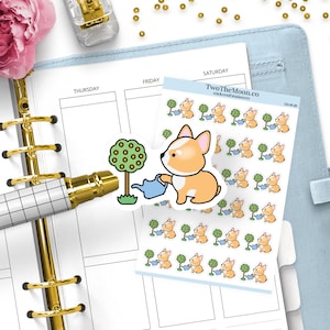 Winston Corgi Watering Plants Stickers | Cute Icon Functional Planner Stickers for Bullet Journal, Erin Condren, Happy Planner, Hobonichi