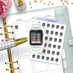 May include: A sheet of stickers featuring a light blue smartwatch with a black screen displaying a timer. The timer shows "Interval" with "Work" set to 0:30, "Rest" set to 0:10, "Repeat" set to 8x, and "Start 5-10". The sheet has 36 stickers of the smartwatch in various sizes.