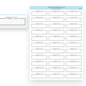 May include: A sheet of 30 white rectangular stickers with black outlines. Each sticker has the word "PRACTICE" printed in black text.