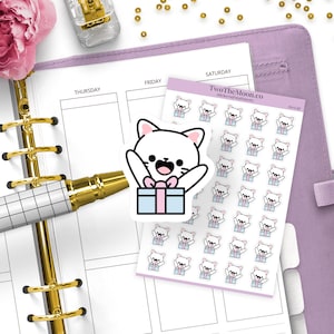 Cutie Cat Blue Gift Planner Stickers – Gifting, Birthday or Happy Mail, Journals, Hobonichi, Happy Planner, Erin Condren, Functional Icons