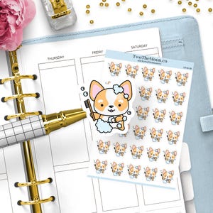 Adesivi per la doccia Winston the Corgi – Cura di sé, Ora del bagno, Routine di ripristino / Icone per Bullet Journal, Erin Condren, Happy Planner, Hobonichi