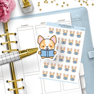 Adesivi per la lettura Winston Corgi / Adesivi funzionali con icone carine per Bullet Journal, Erin Condren, Happy Planner, Hobonichi