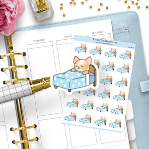Winston the Corgi-slaapstickers: rustdag, luie ochtendslaaproutine | Pictogrammen voor Bullet Journal, Erin Condren, Happy Planner, Hobonichi
