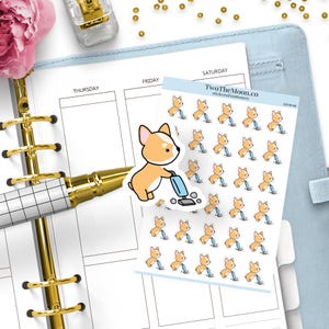 Adesivi per l'aspirapolvere Winston the Corgi - Giorno di pulizie, faccende o riordino / Icone per Bullet Journal, Erin Condren, Happy Planner, Hobonichi