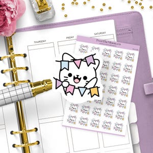 Pegatinas para planificador con pancarta de celebración de gatitos adorables: cumpleaños, momentos felices, diarios, Hobonichi, planificador feliz, Erin Condren, iconos funcionales