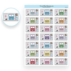May include: A sheet of 16 colorful laptop stickers with a pink heart on each laptop. The stickers are on a white background with the text "TwoTheMoon.co stickers&stationery D-021-C".