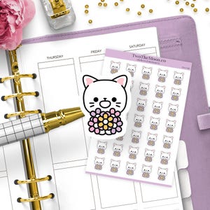 Cutie Cat Holding Flowers Planner Stickers – Gifting, Gratitude, Journals, Hobonichi, Happy Planner, Erin Condren, Functional Icons