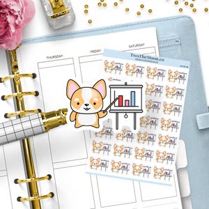 Winston the Corgi-presentatiestickers: spreken in het openbaar, project, vergadering | Pictogrammen voor Bullet Journal, Erin Condren, Happy Planner, Hobonichi