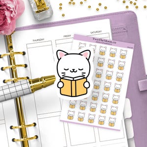 Adesivi "Cutie Cat Reading a Book" / Adesivi Icon Functional Planner / Bullet Journal, Filofax, Erin Condren, Happy Planner
