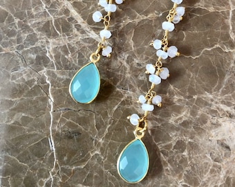 Moonstone Earrings Aqua Chalcedony Moonstone Dangle Earrings  Linear Earrings Long Earrings Handmade Earrings Dainty Earring Handmade Rosary