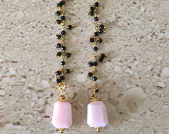 Black Spinel Rosary Chain Earrings Pink Opal Earrings Black Spinel Linear Earrings Shoulder Earrings Pink Opal Earrings Gemstone Handmade